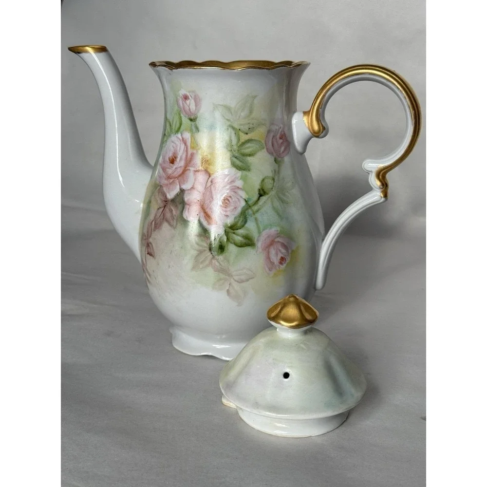 Antique Hand Painted Porcelain Coffee Tea Pot SIGNED E H Groff Roses Gold Gilt